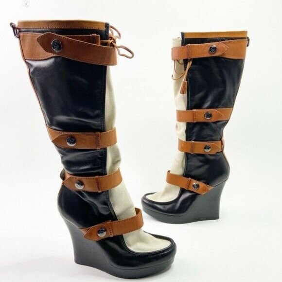 L.A.M.B. Chartres II Wedge Boots Leather Strappy - Picture 1 of 7